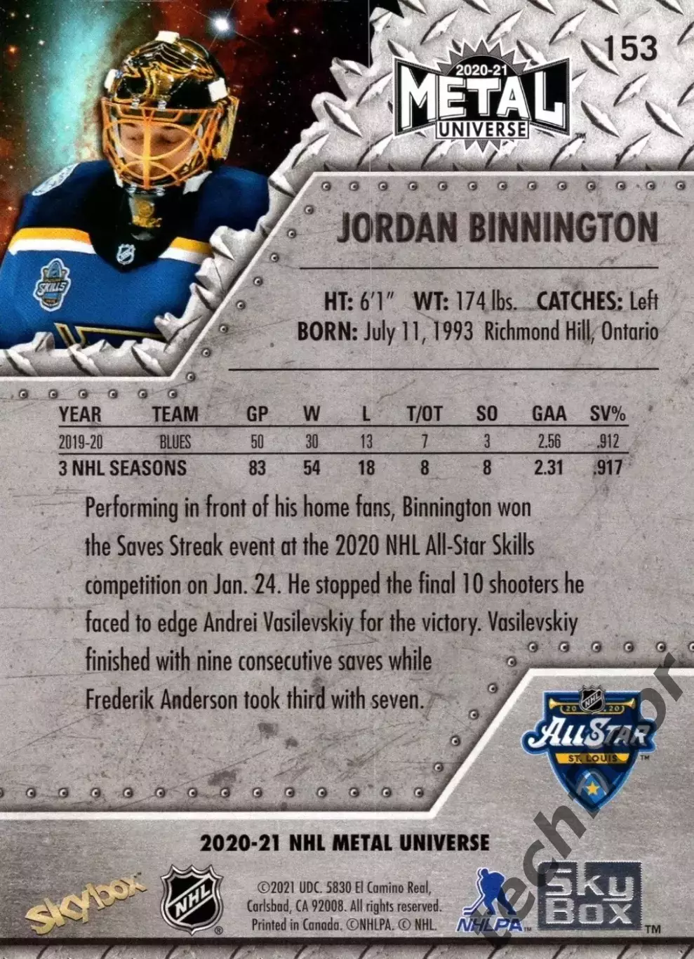 Карточка NHL Jordan Binnington St. Louis Blues/Джордан Биннингтон Сент-Луис НХЛ 1