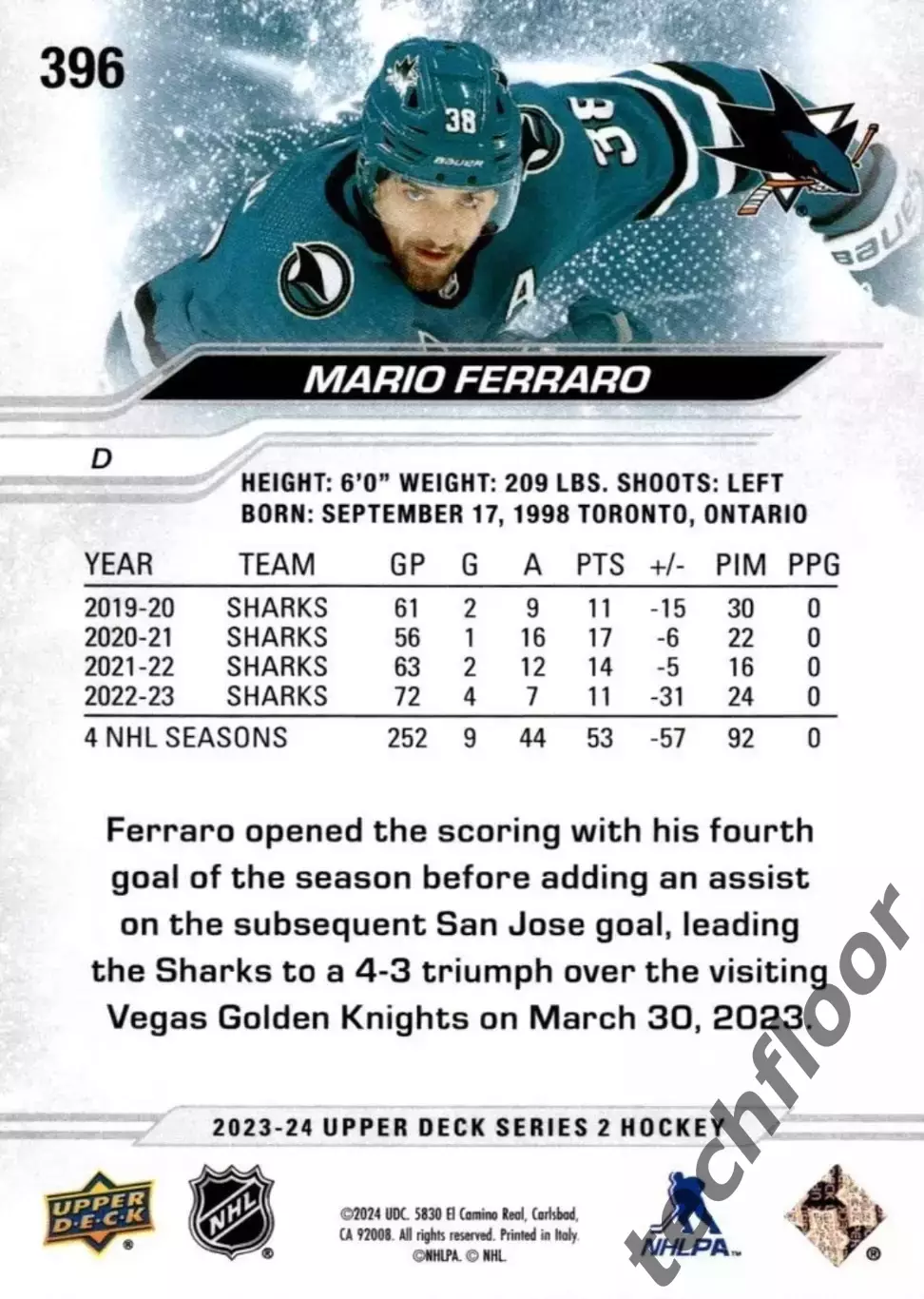 Карточка NHL Mario Ferraro San Jose Sharks/Марио Ферраро НХЛ Сан-Хосе 1