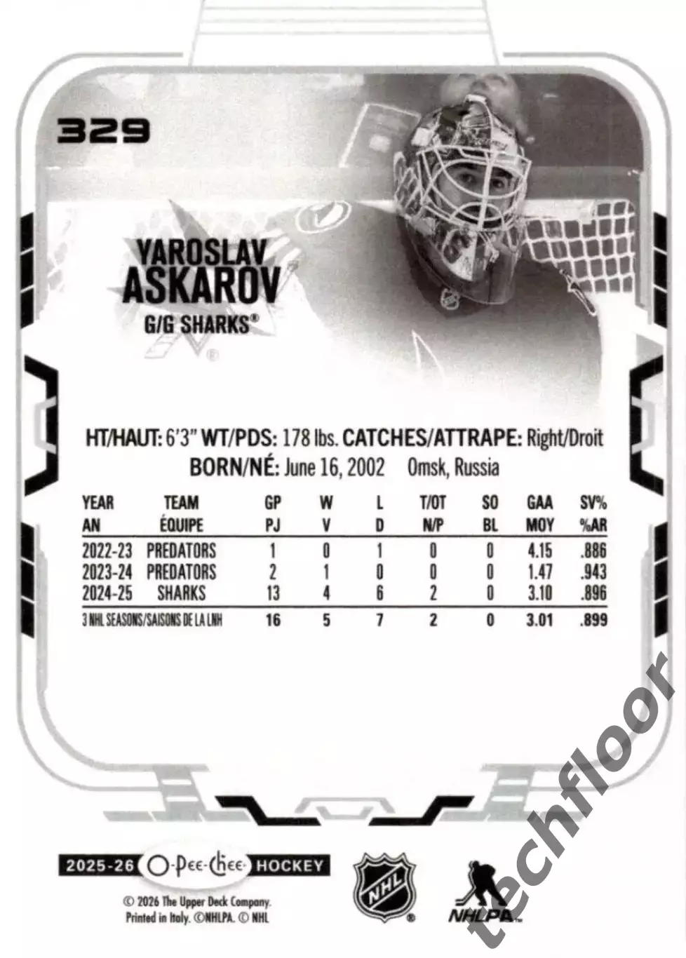 Карточка NHL Yaroslav Askarov San Jose Sharks /Ярослав Аскаров Сан-Хосе НХЛ 1