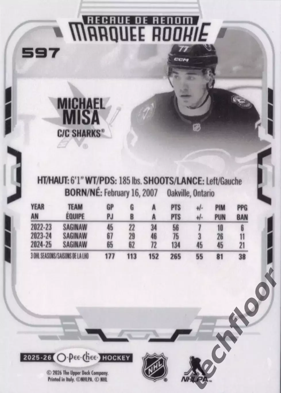 Карточка NHL Michael Misa San Jose Sharks/ Майкл Миса Сан-Хосе Шаркс НХЛ 1