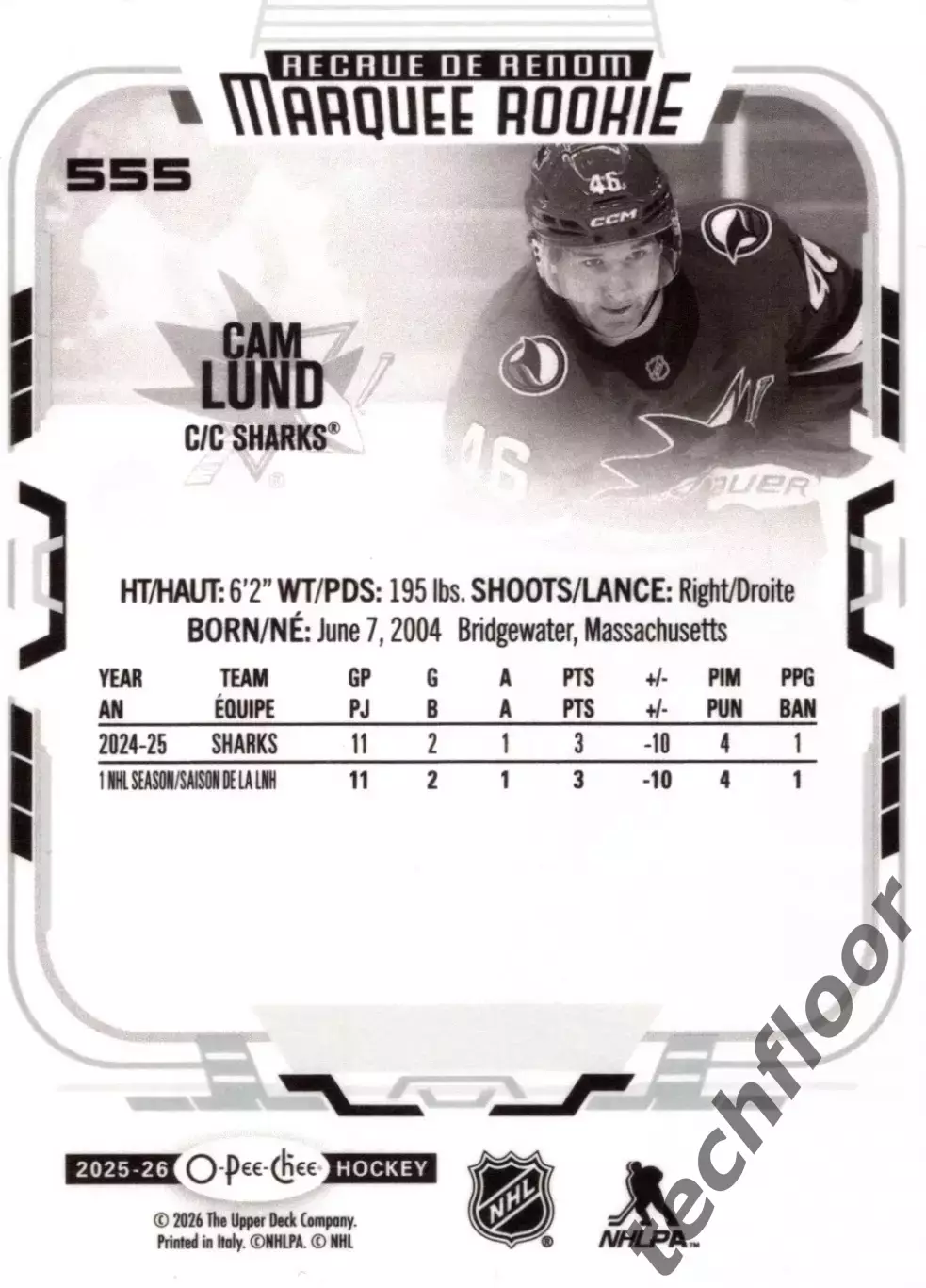 Карточка NHL Cam Lund San Jose Sharks/ Камерон Ланд Сан-Хосе Шаркс НХЛ 1