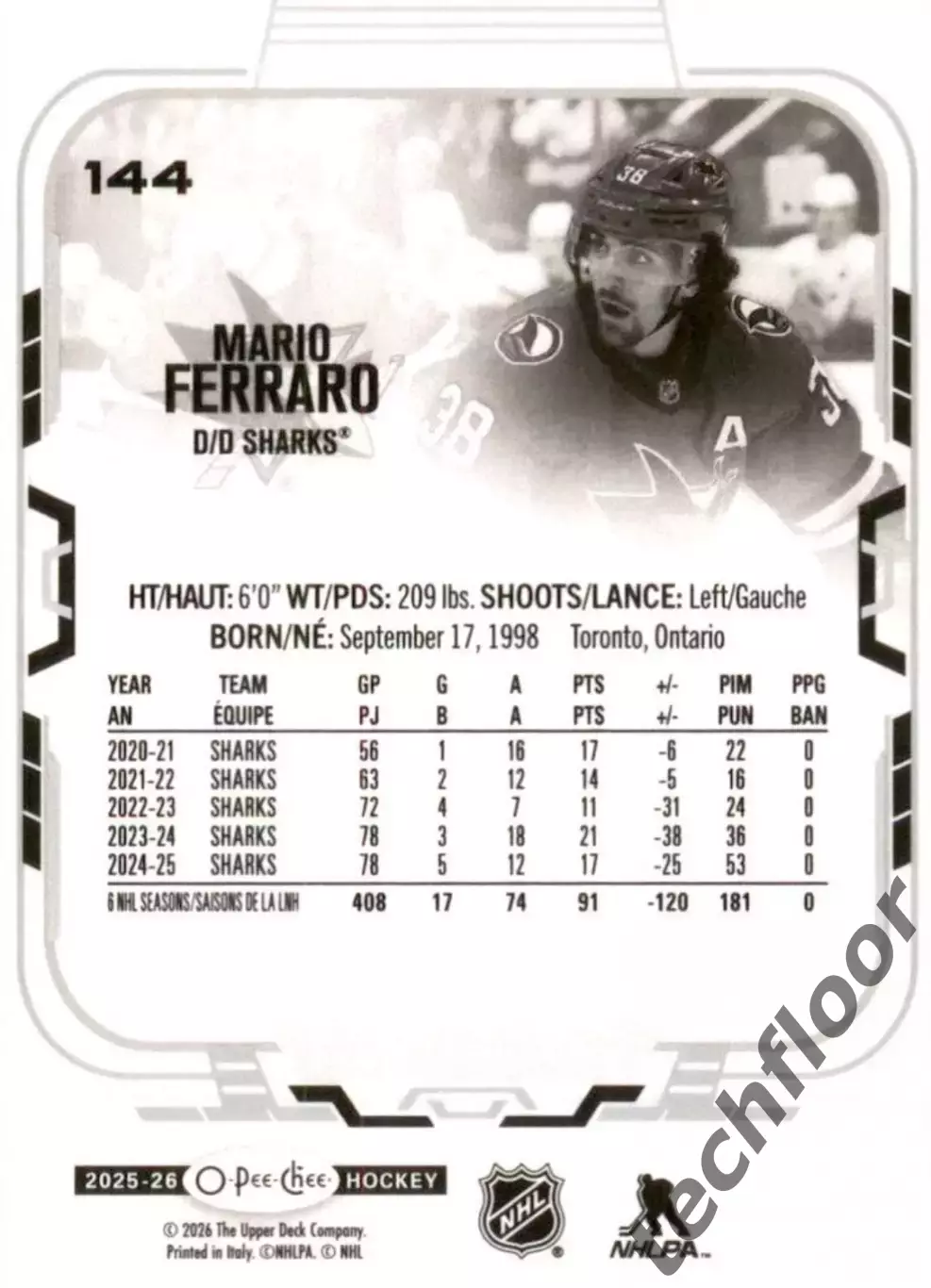 Карточка NHL Mario Ferraro San Jose Sharks / Марио Ферраро Сан-Хосе НХЛ 1