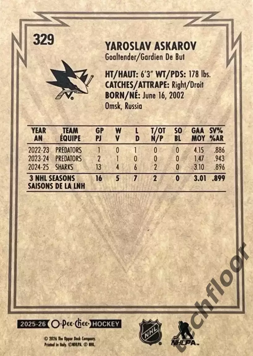 Карточка NHL Yaroslav Askarov San Jose Sharks/ Ярослав Аскаров Сан-Хосе НХЛ 1