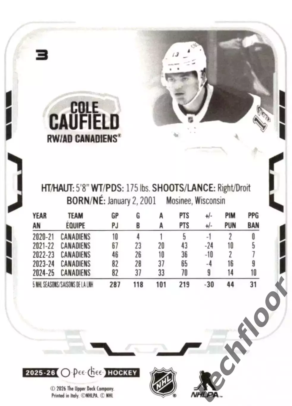 Карточка NHL Cole Caufield Montreal Canadiens/ Коул Кофилд Монреаль НХЛ 1