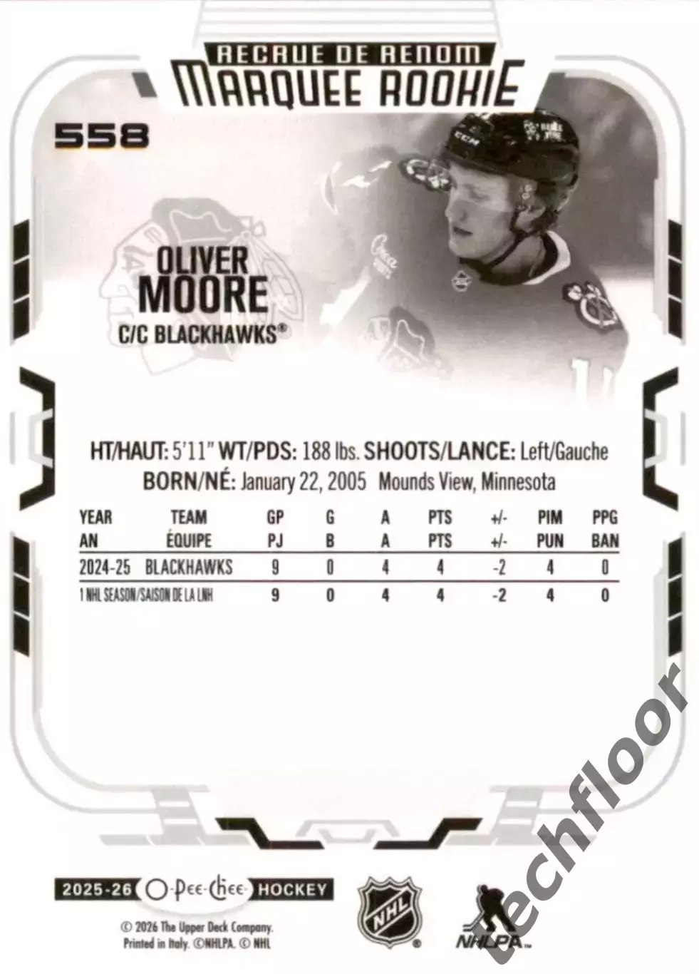 Карточка NHL Oliver Moore Chicago Blackhawks/Оливер Мур Чикаго НХЛ 1