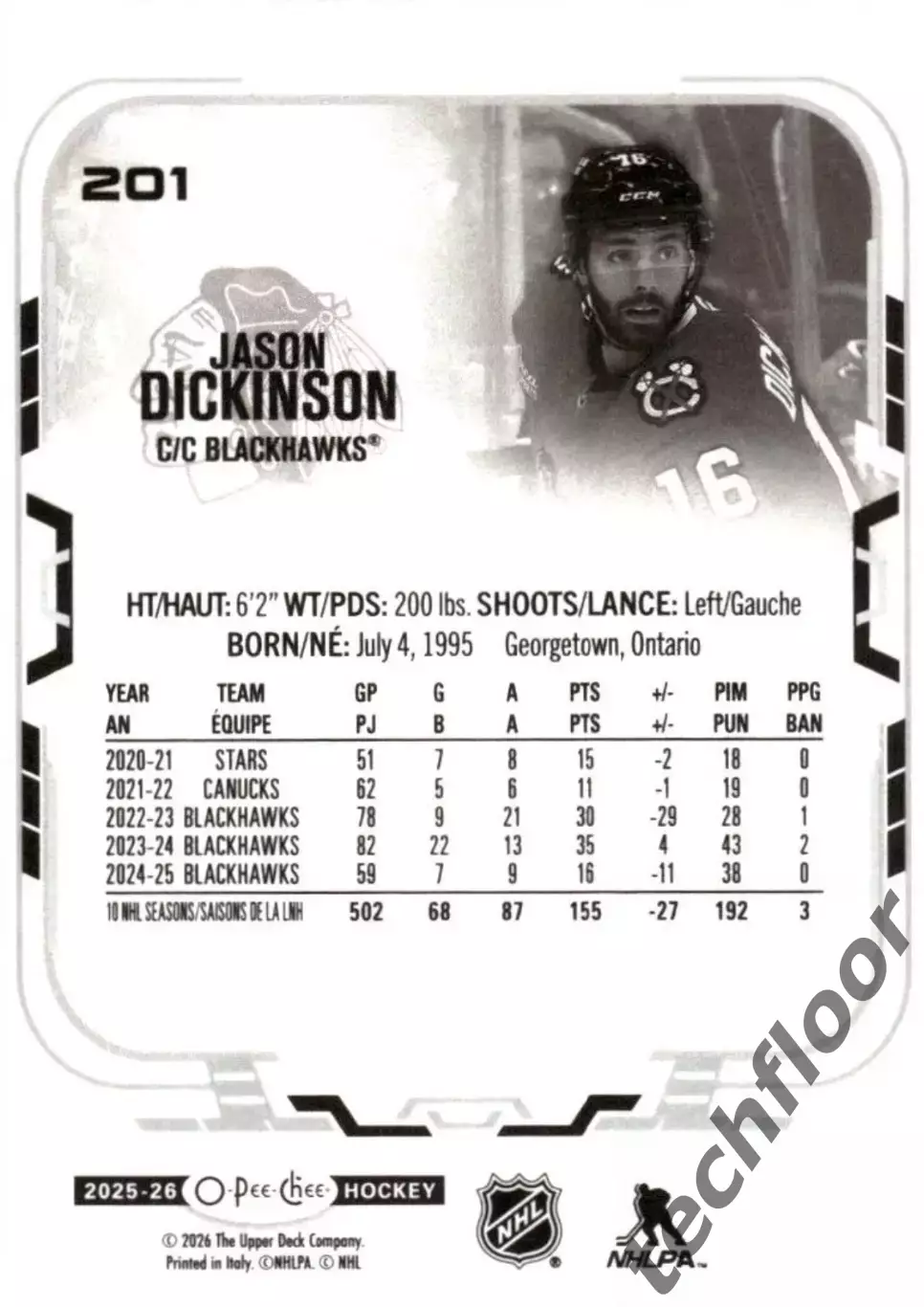 Карточка NHL Jason Dickinson Chicago Blackhawks/Джейсон Дикинсон Чикаго НХЛ 1