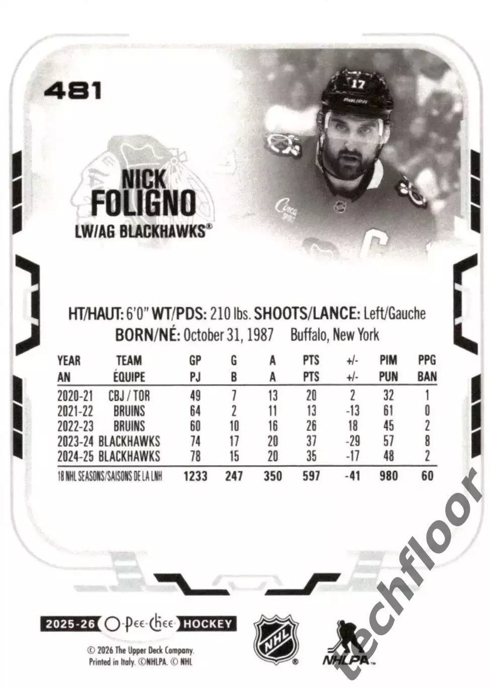 Карточка NHL Nick Foligno Chicago Blackhawks/ Ник Фолиньо Чикаго НХЛ 1