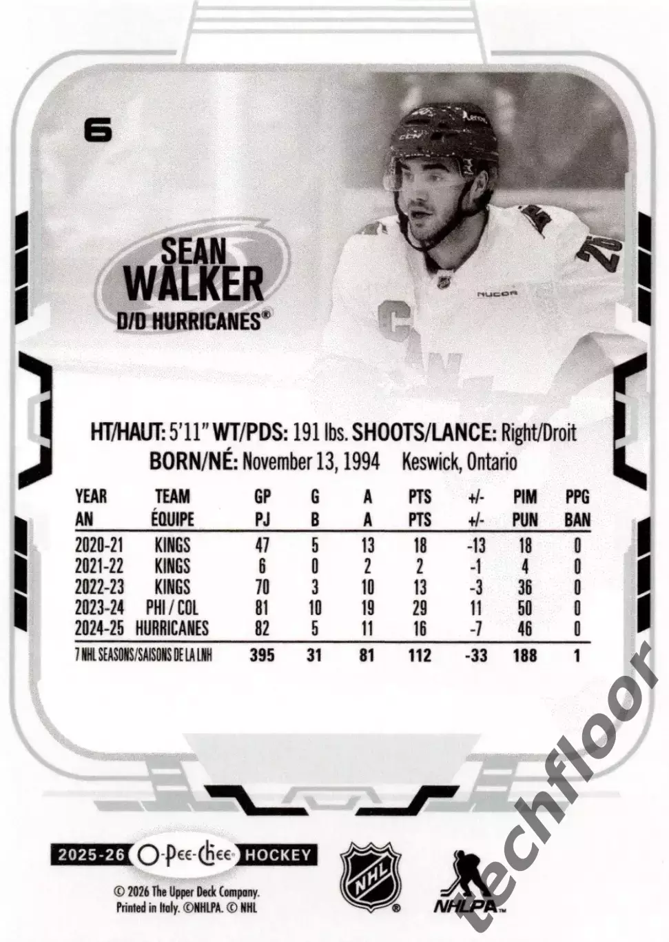 Карточка NHL Sean Walker Carolina Hurricanes/Шон Уокер Каролина НХЛ 1