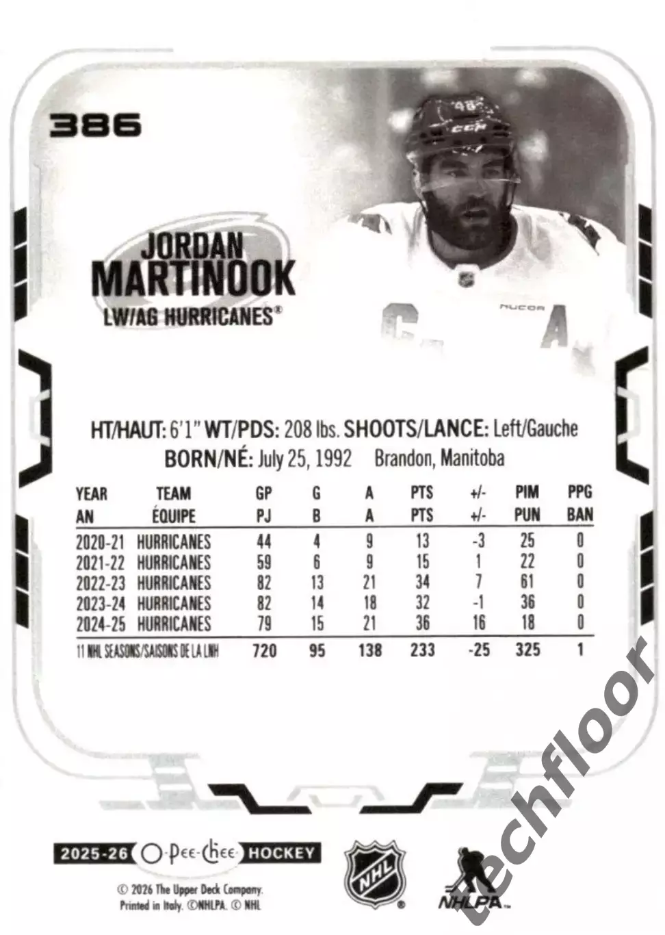 Карточка NHL Jordan Martinook Carolina Hurricanes/Джордан Мартинук Каролина НХЛ 1