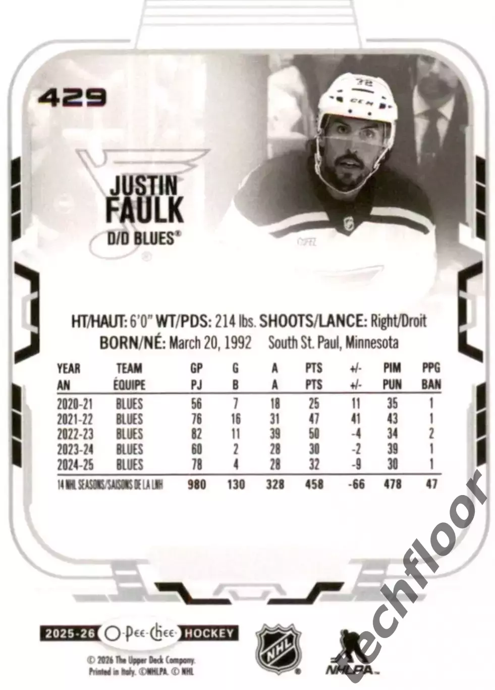 Карточка NHL Justin Faulk St.Louis Blues/ Джастин Фолк Сент-Луис НХЛ 1