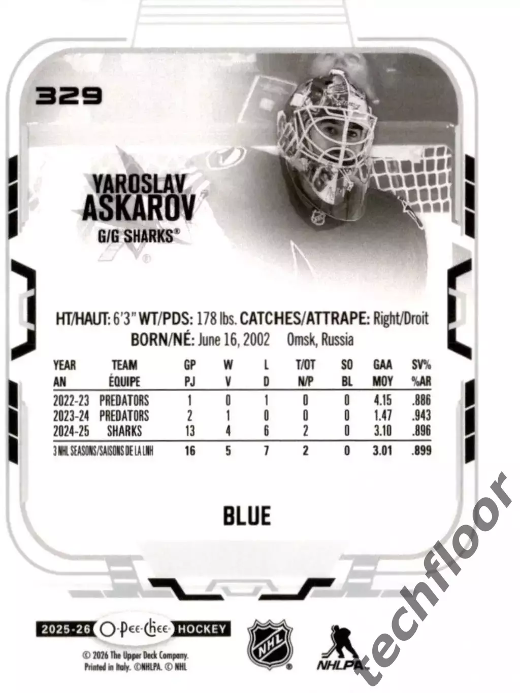 Карточка NHL Yaroslav Askarov San Jose Sharks /Ярослав Аскаров Сан-Хосе НХЛ 1