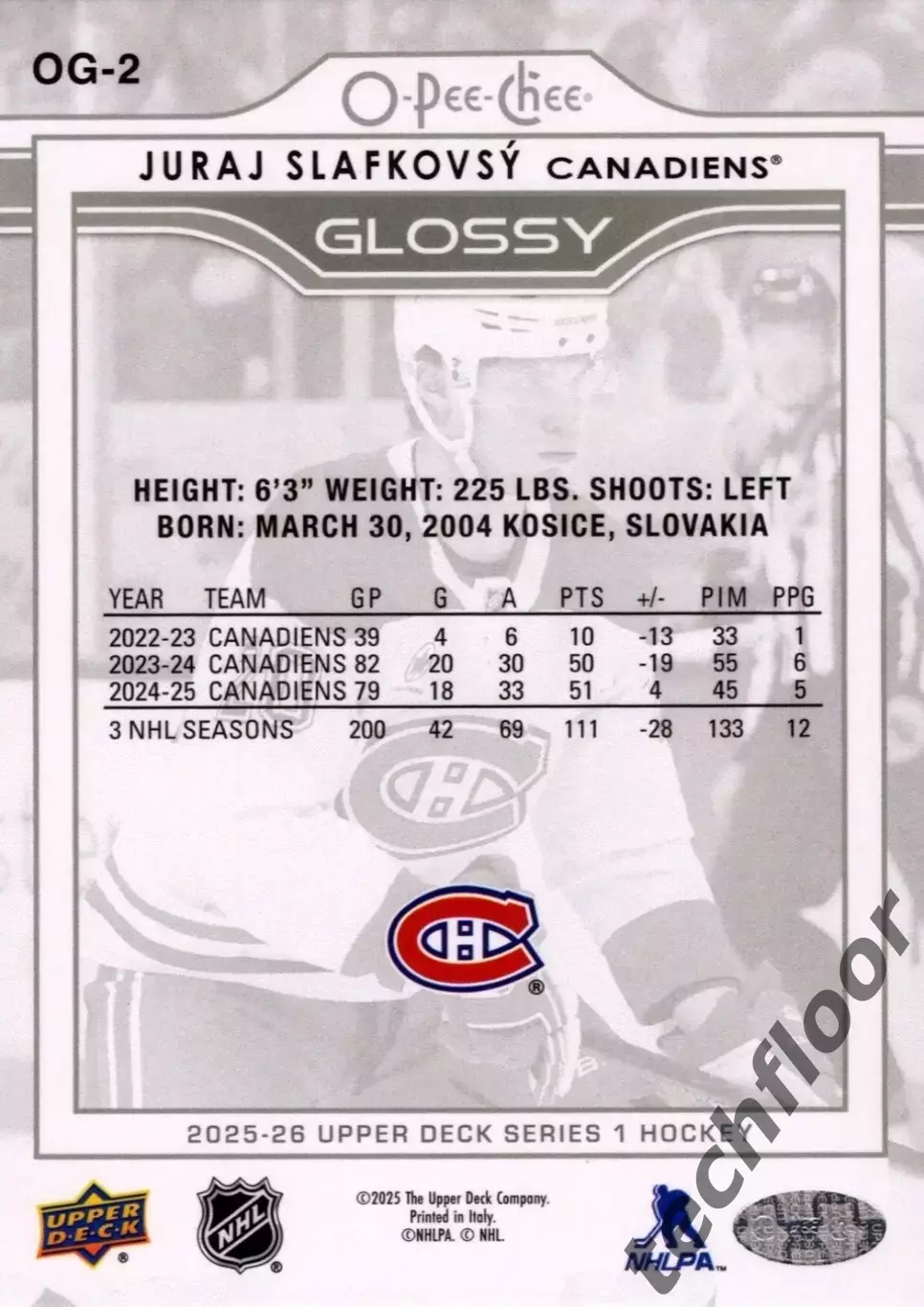Карточка NHL Juraj Slafkovsky Montreal Canadiens/ Юрай Слафковский Монреаль НХЛ 1