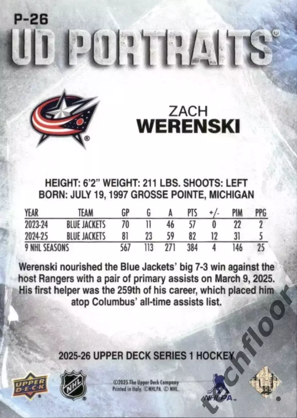 Карточка NHL Zach Werenski Columbus Blue Jackets/Зак Веренски Коламбус НХЛ 1