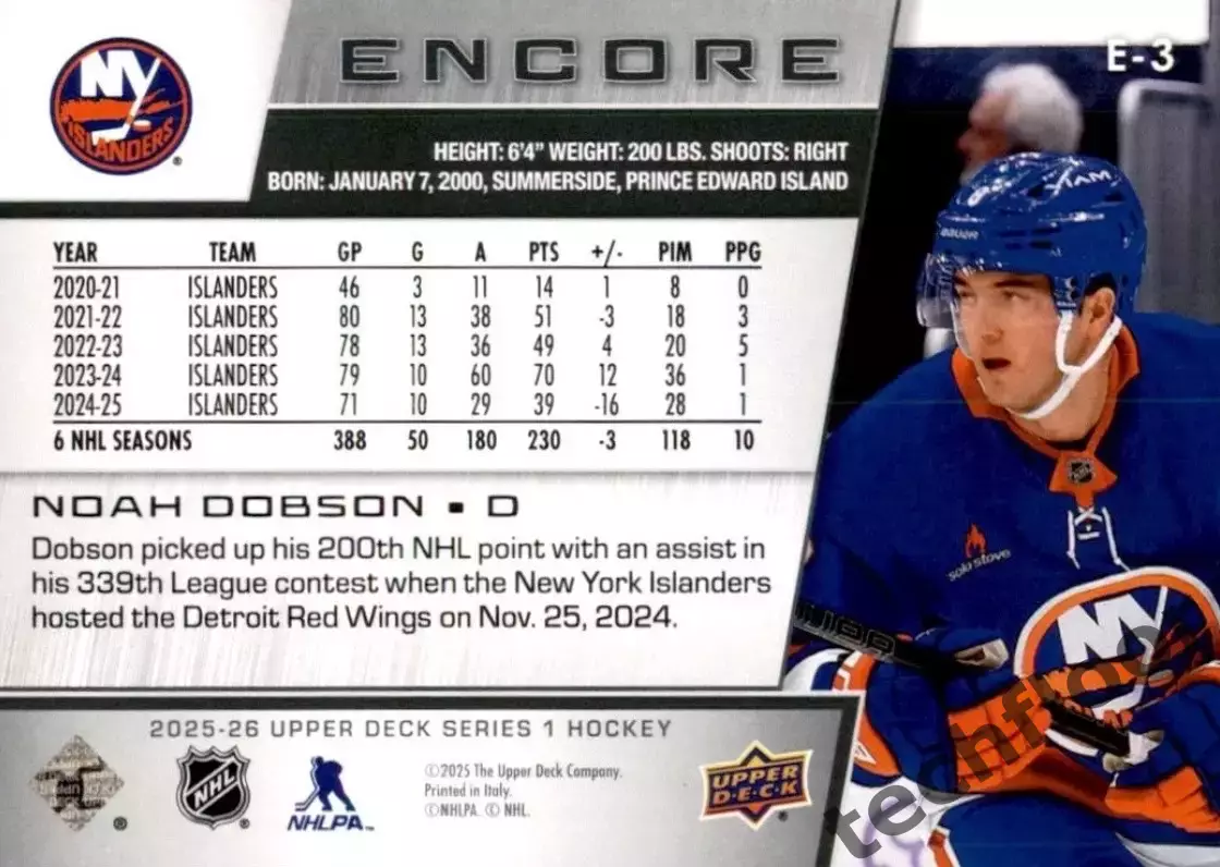 Карточка NHL Noah Dobson New York Islanders/Ноа Добсон Айлендерс НХЛ 1