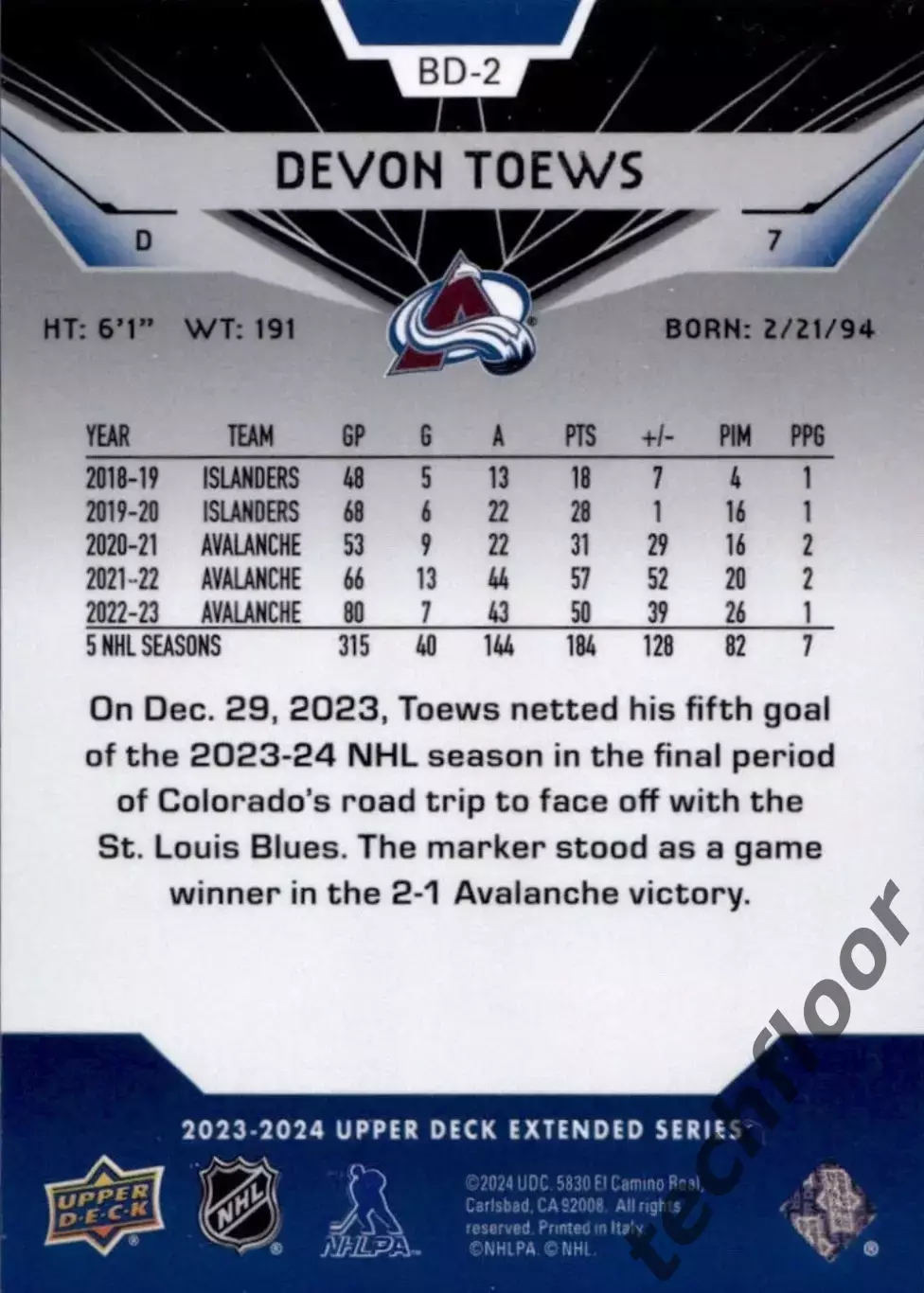 Карточка NHL Dewon Toews Colorado Avalanche/ Девон Тэйвз Колорадо НХЛ 1