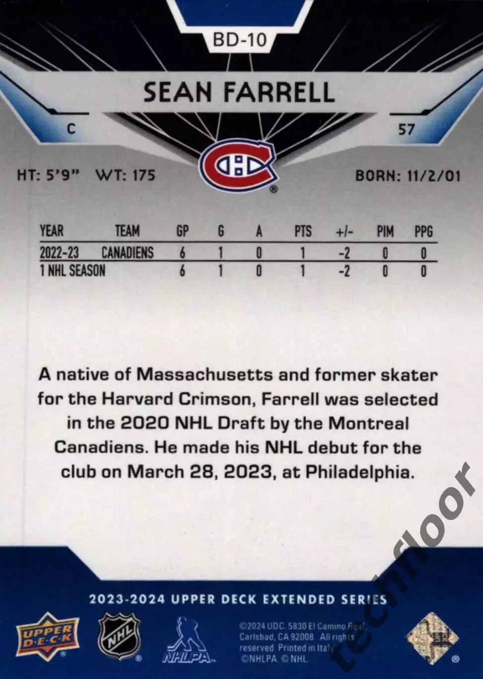 Карточка NHL Sean Farrell Montreal Canadiens/Шон Фаррелл Монреаль НХЛ 1