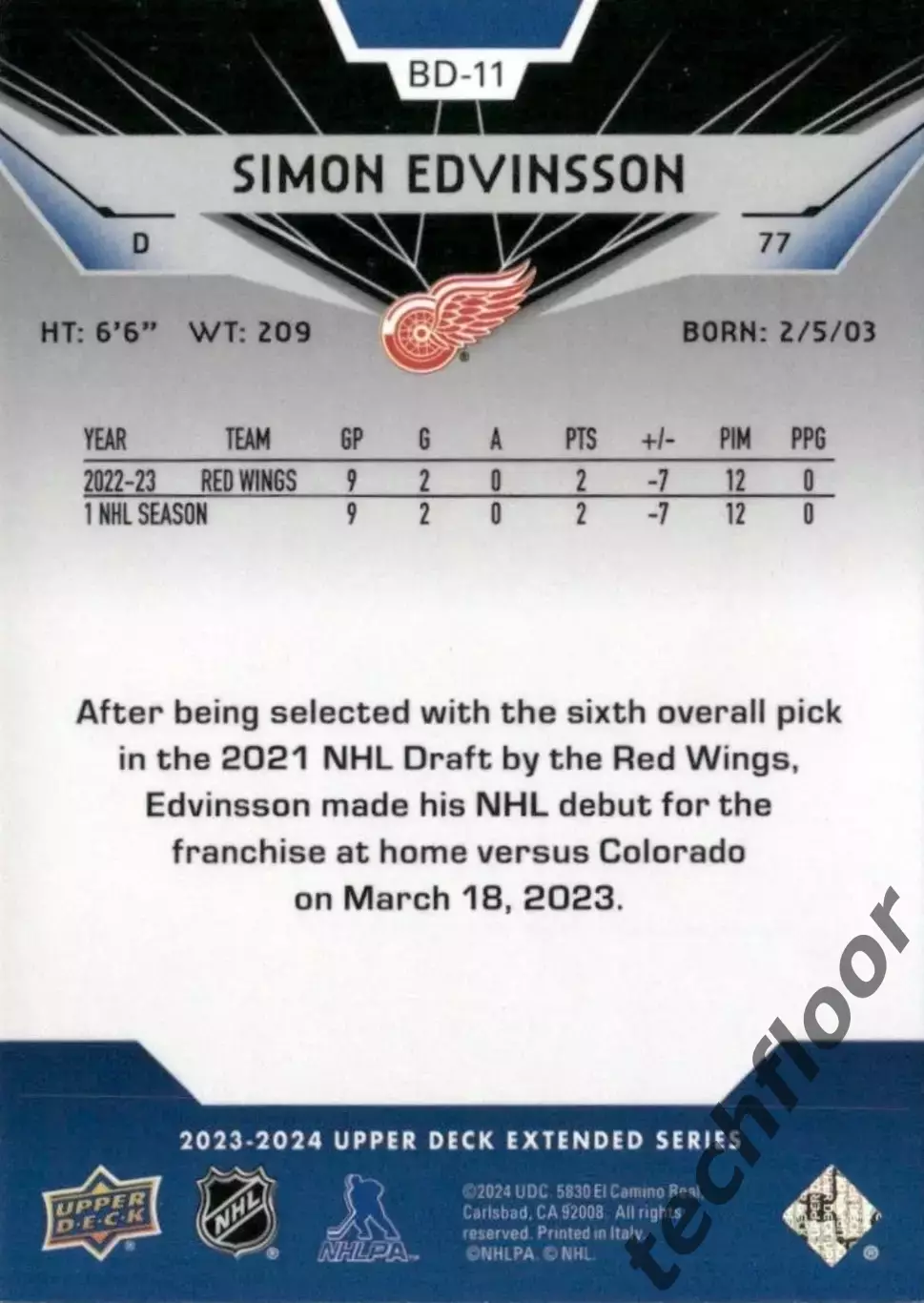 Карточка NHL Simon Edvinsson Detroit Red Wings / Симон Эдвинссон Детройт НХЛ 1