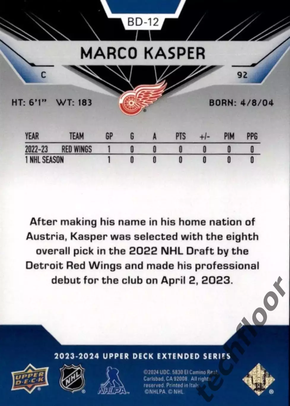 Карточка NHL Marco Kasper Detroit Red Wings/ Марко Каспер Детройт НХЛ 1
