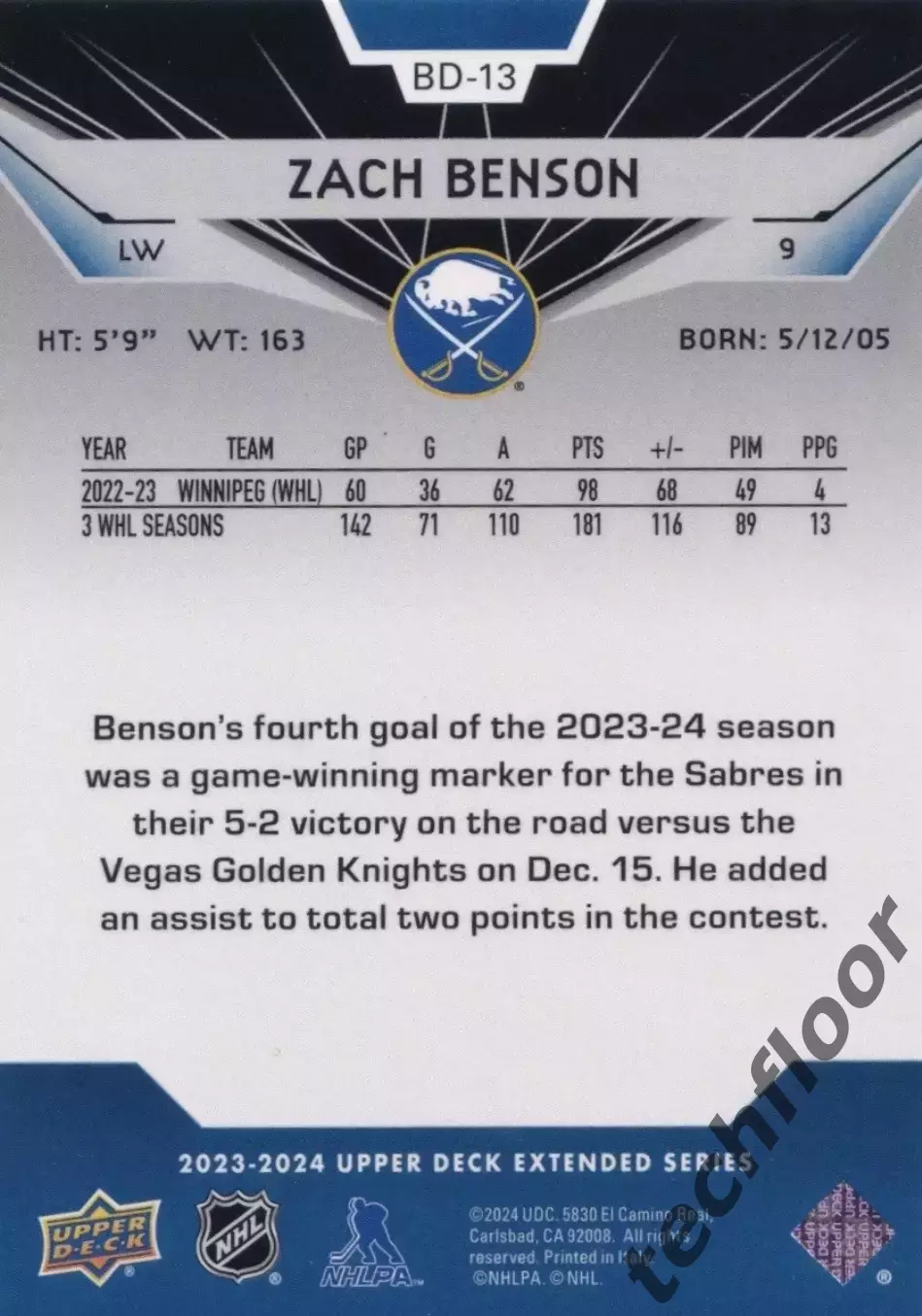 Карточка NHL Zach Benson Buffalo Sabres/ Зак Бенсон Баффало НХЛ 1