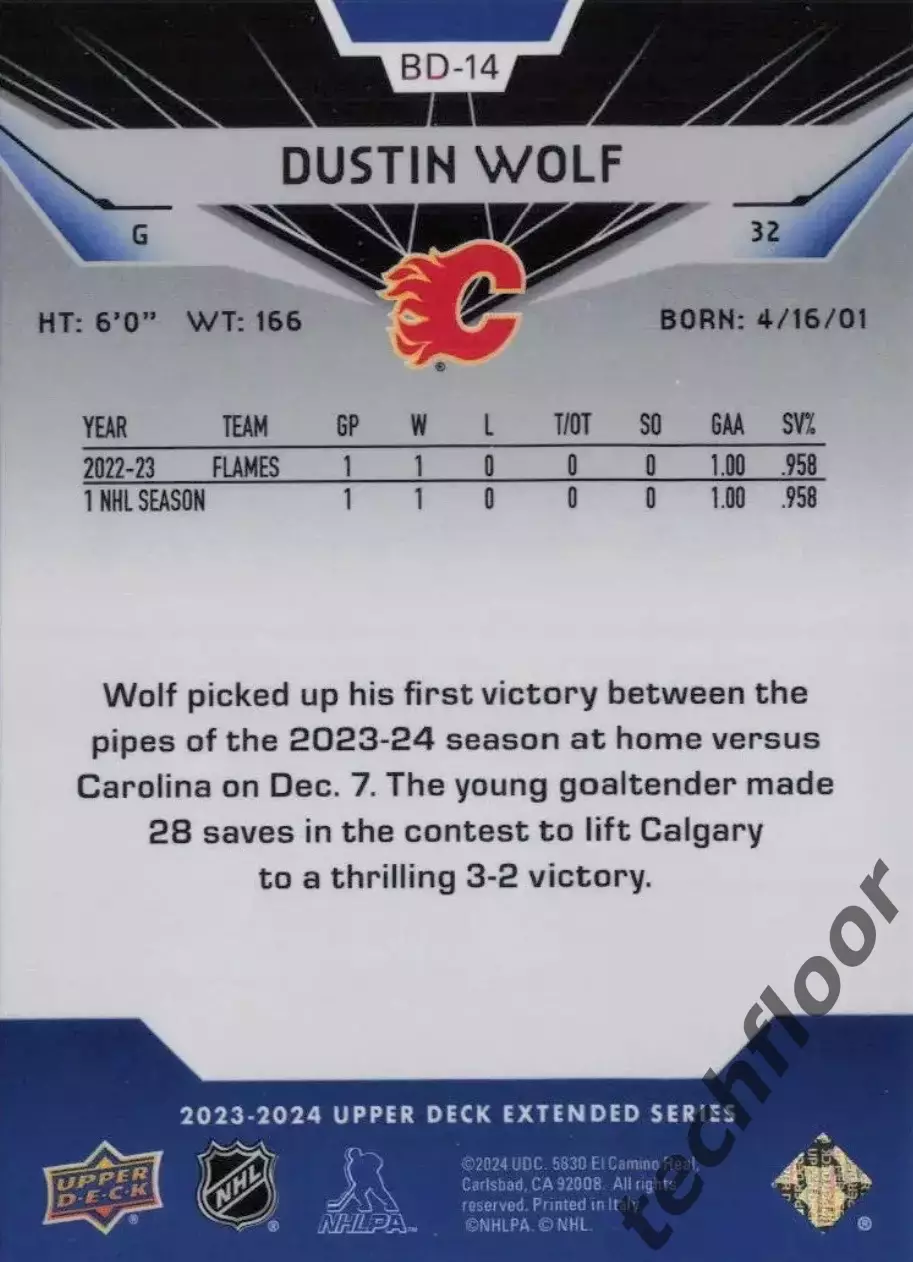 Карточка NHL Dustin Wolf Calgary Flames/ Дастин Вольф Калгари НХЛ 1