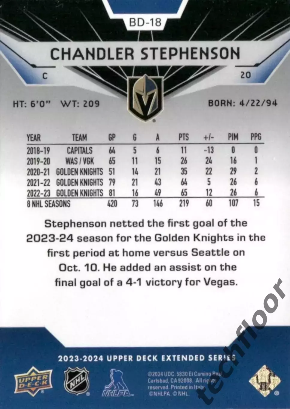 Карточка NHL Chandler Stephenson Vegas Golden Knights/Чандлер Стефенсон Вегас 1