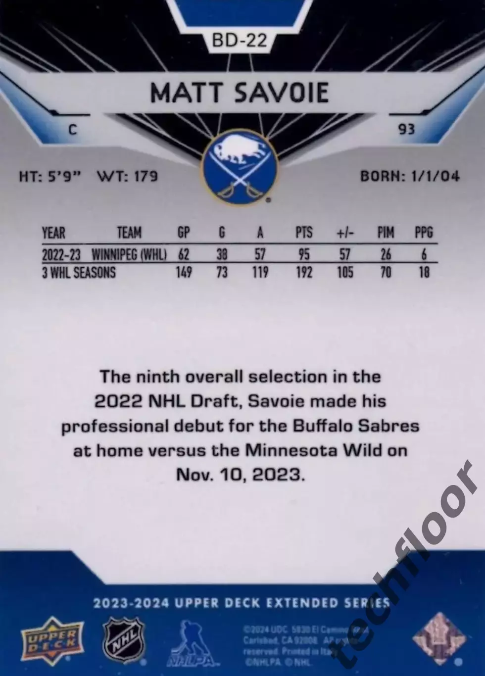 Карточка NHL Matt Savoie Buffalo Sabres/ Мэтт Савой Баффало НХЛ 1