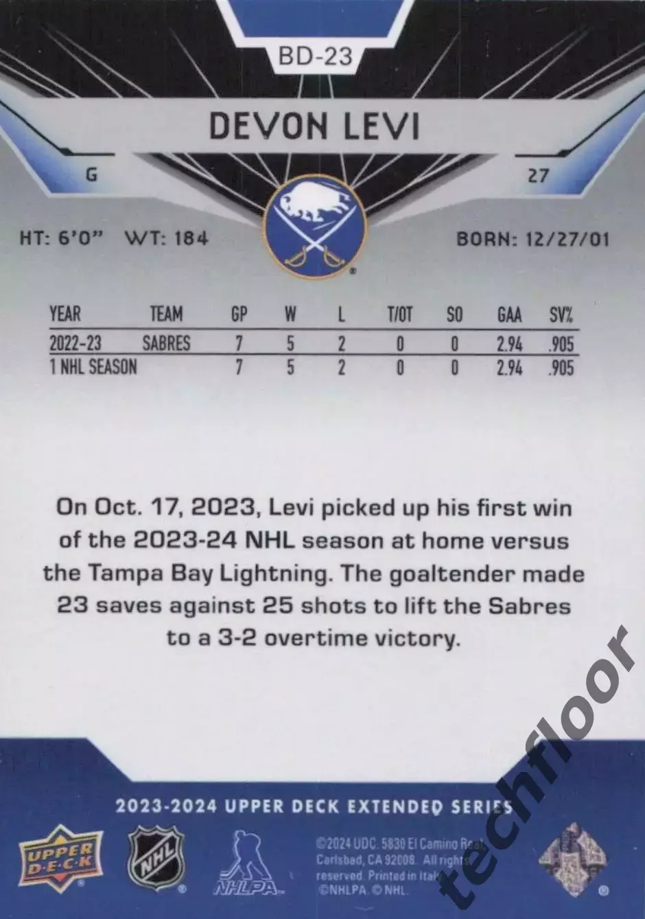 Карточка NHL Devon Levi Buffalo Sabres/ Девон Леви Баффало НХЛ 1