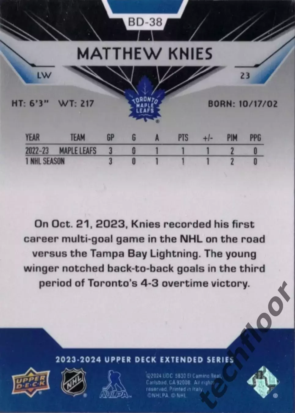 Карточка NHL Matthew Knies Toronto Maple Leafs/ Мэттью Найз Торонто НХЛ 1