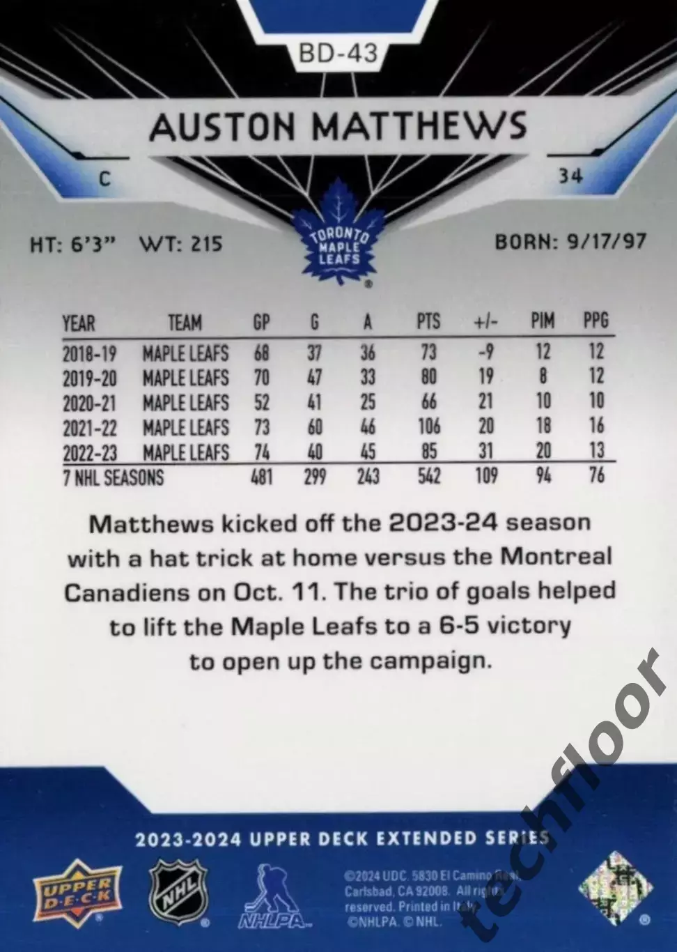 Карточка NHL Auston Matthews Toronto Maple Leafs / Остон Мэттьюс Торонто НХЛ 1