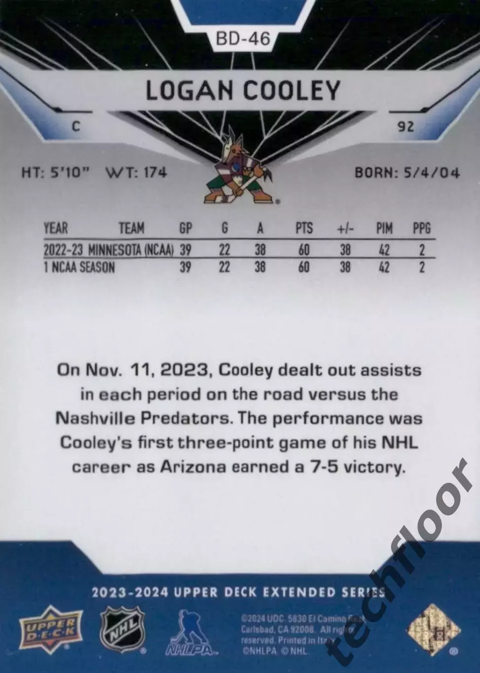 Карточка NHL Logan Cooley Arizona Coyotes /Логан Кули Аризона НХЛ 1