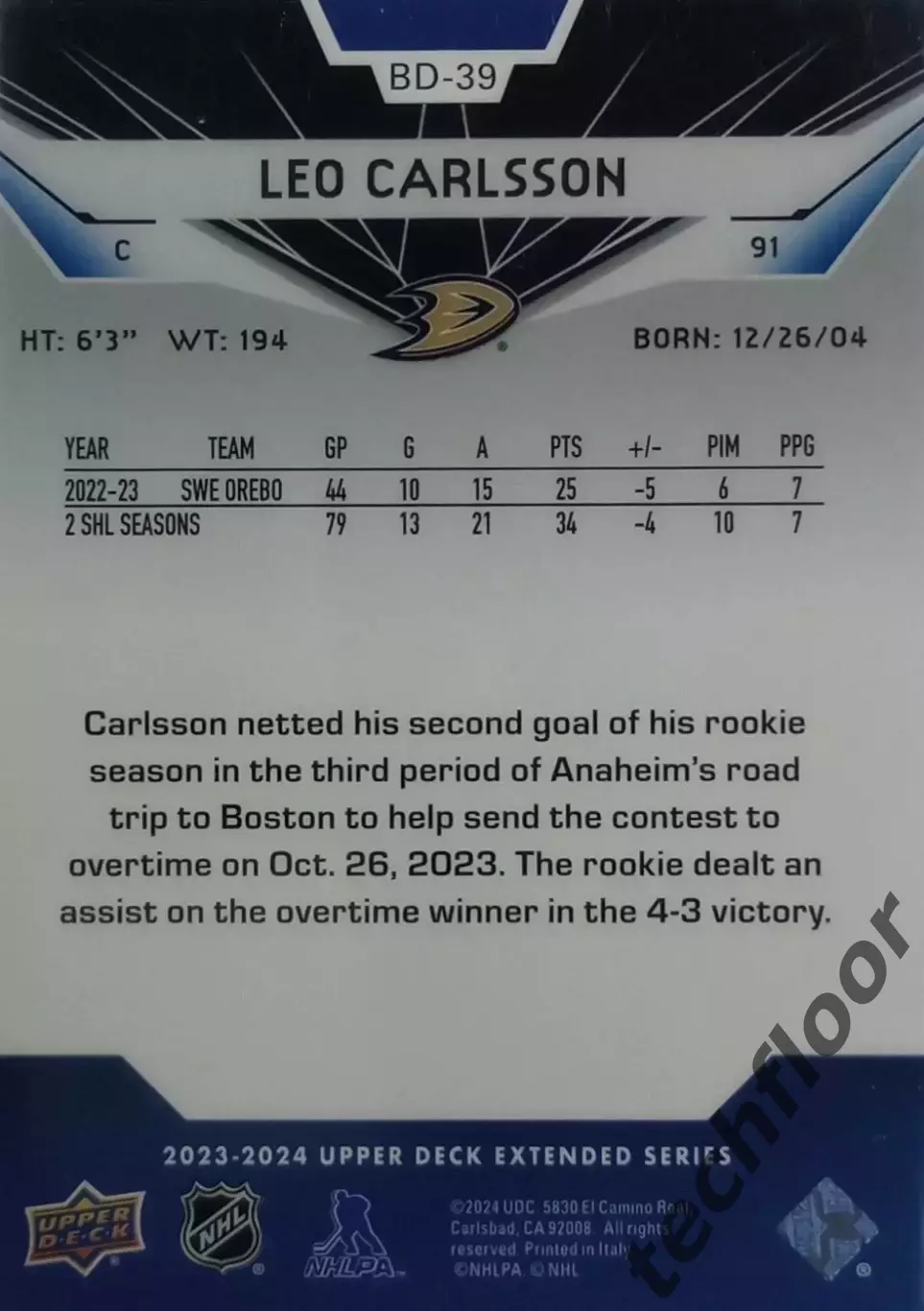 Карточка NHL Leo Carlsson Anaheim Ducks/ Лео Карлссон Анахайм НХЛ 1