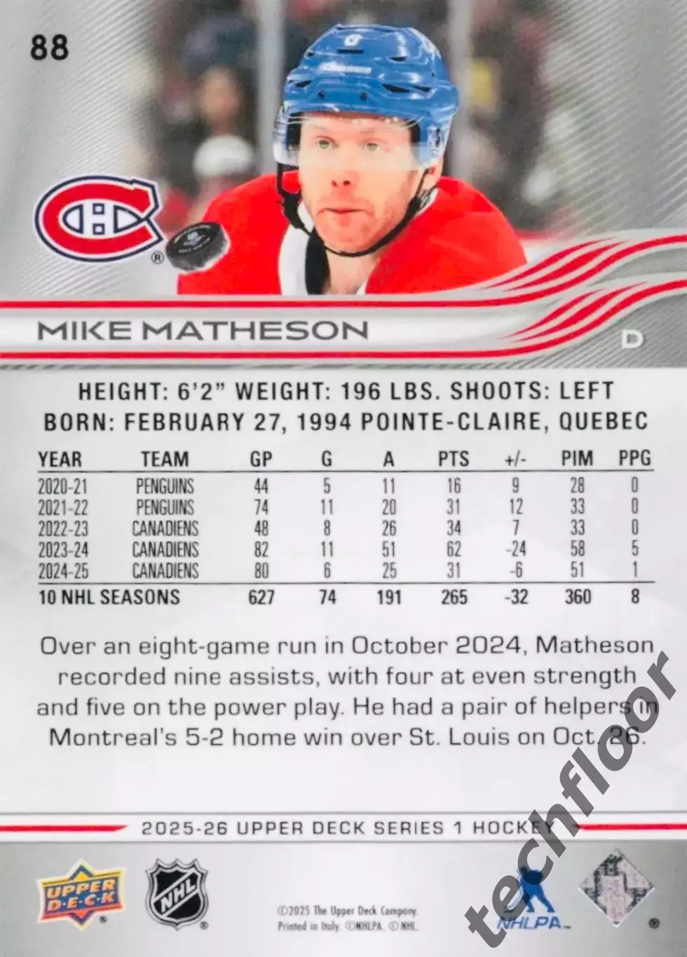 Карточка NHL Mike Matheson Montreal Canadiens/ Майкл Мэтсон Монреаль НХЛ 1