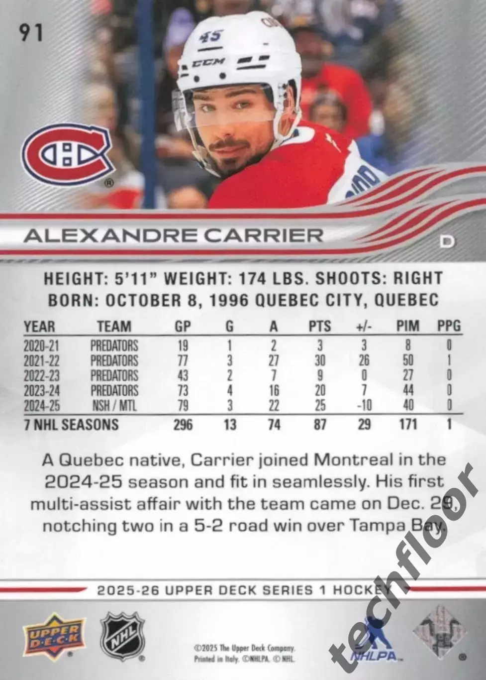 Карточка NHL Alexandre Carrier Montreal Canadiens/Александр Каррье Монреаль НХЛ 1
