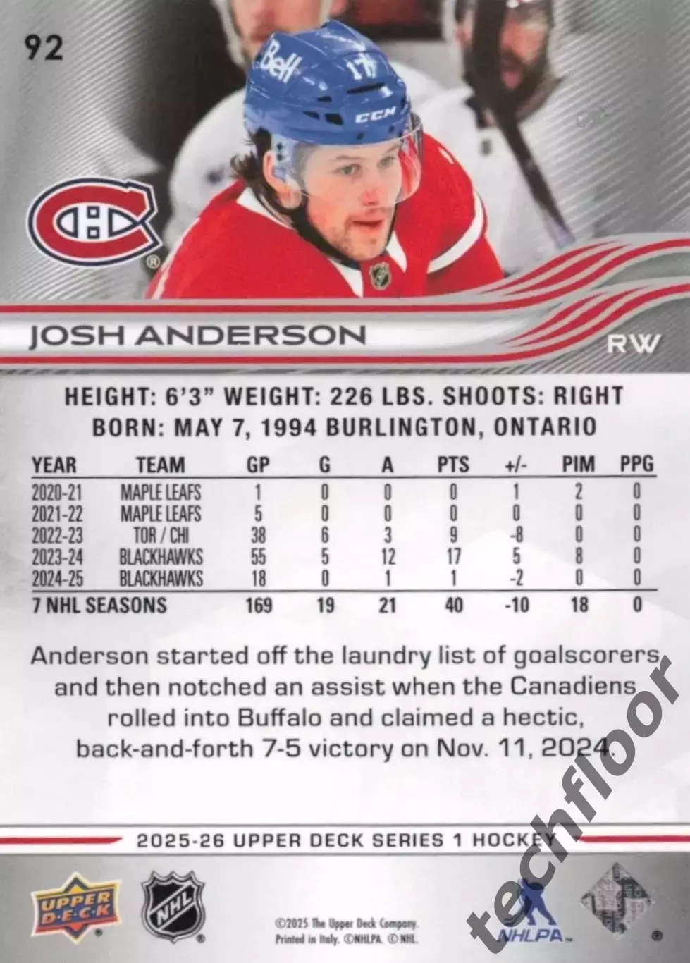 Карточка NHL Josh Anderson Montreal Canadiens/Джош Андерсон Монреаль НХЛ 1