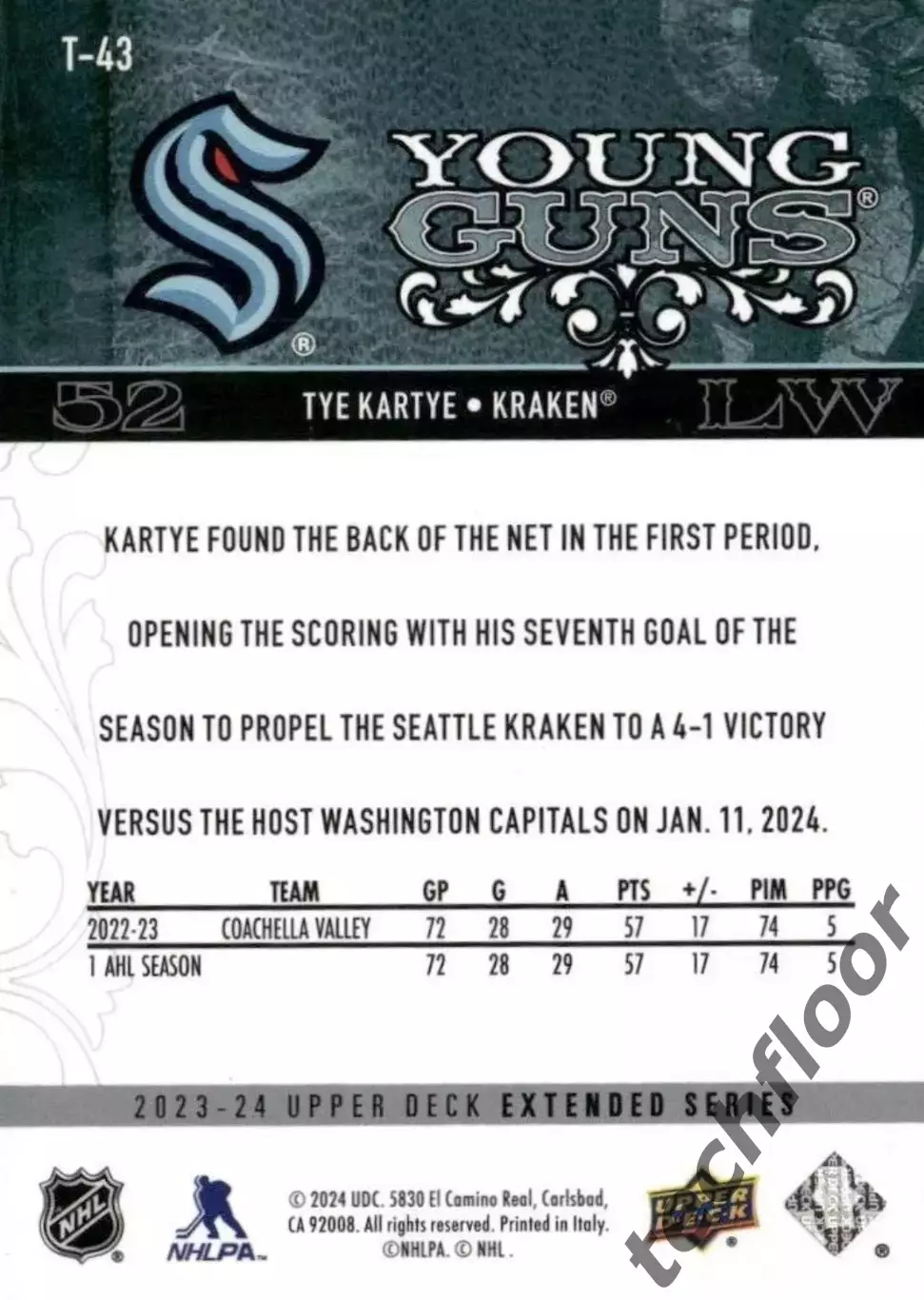 Карточка NHL Tye Kartye Seattle Kraken/Тай Картье Сиэтл НХЛ 1