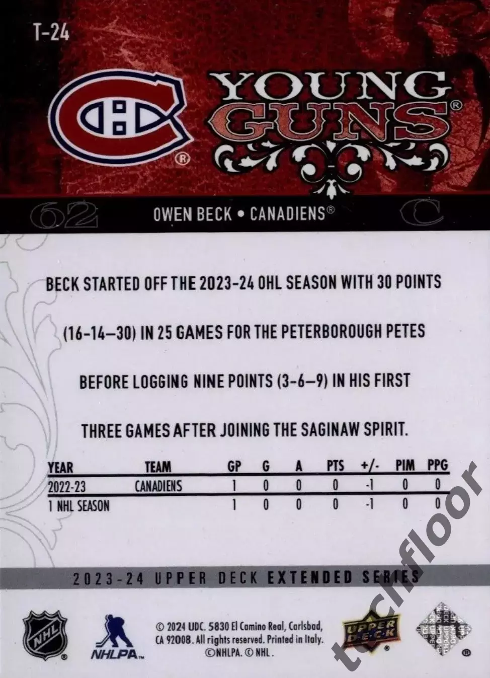Карточка NHL Owen Beck Montreal Canadiens/ Оуэн Бек Монреаль НХЛ 1