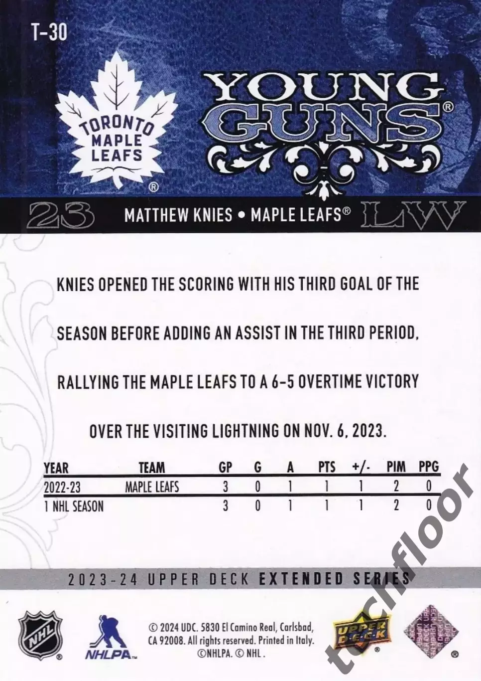Карточка NHL Matthew Knies Toronto Maple Leafs/Мэттью Найз Торонто НХЛ 1