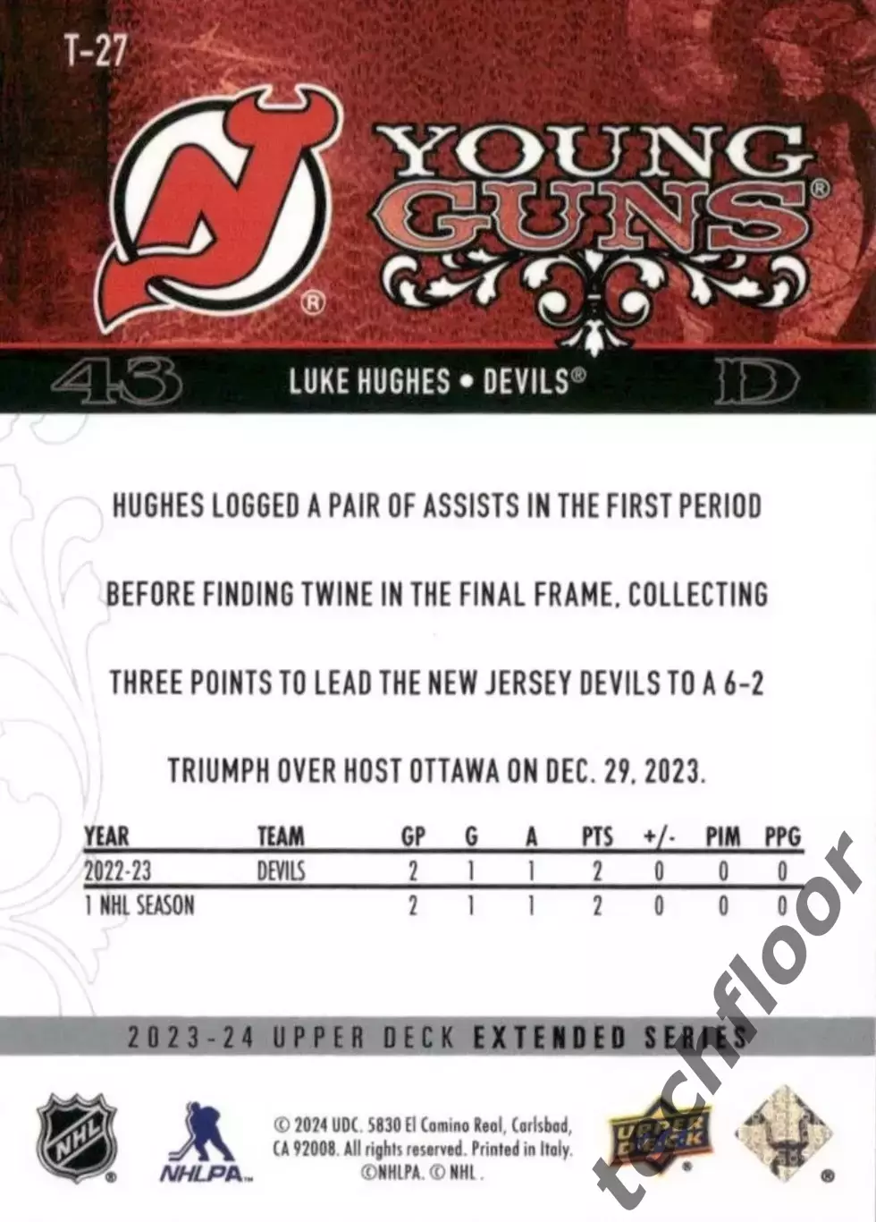 Карточка NHL Luke Hughes New Jersey Devils / Люк Хьюз Нью-Джерси НХЛ 1