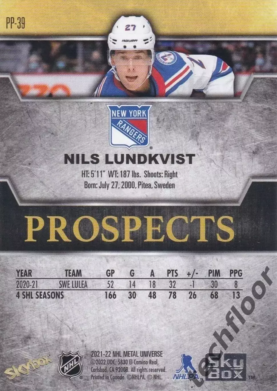 Карточка NHL Nils Lundkvist New York Rangers/ Нилс Лундквист Рейнджерс НХЛ 1