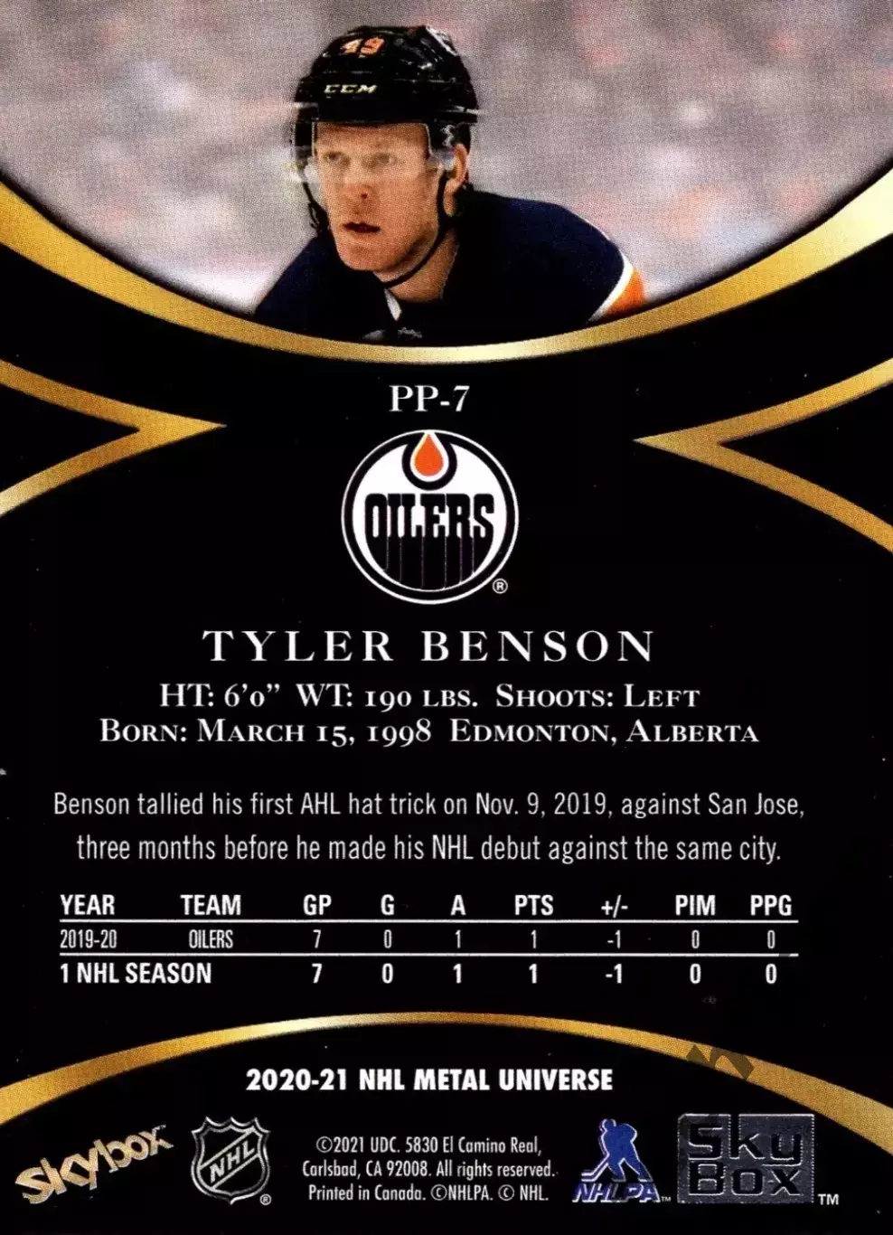 Карточка NHL Tyler Benson Edmonton Oilers/Тайлер Бенсон Эдмонтон НХЛ 1