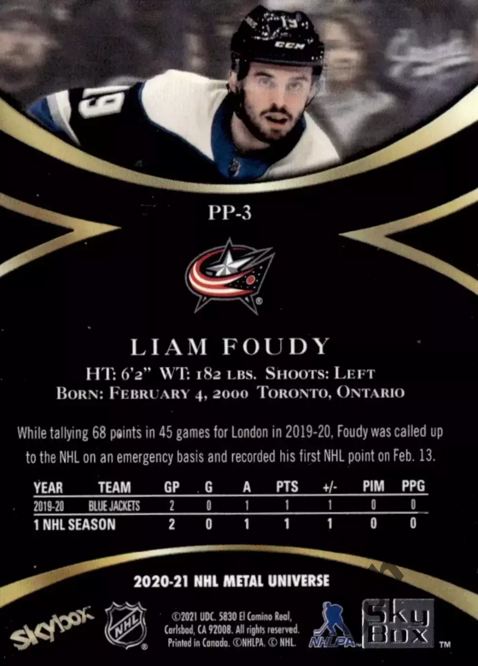 Карточка NHL Liam Foudy Columbus Blue Jackets/Лиам Фуди Коламбус НХЛ 1
