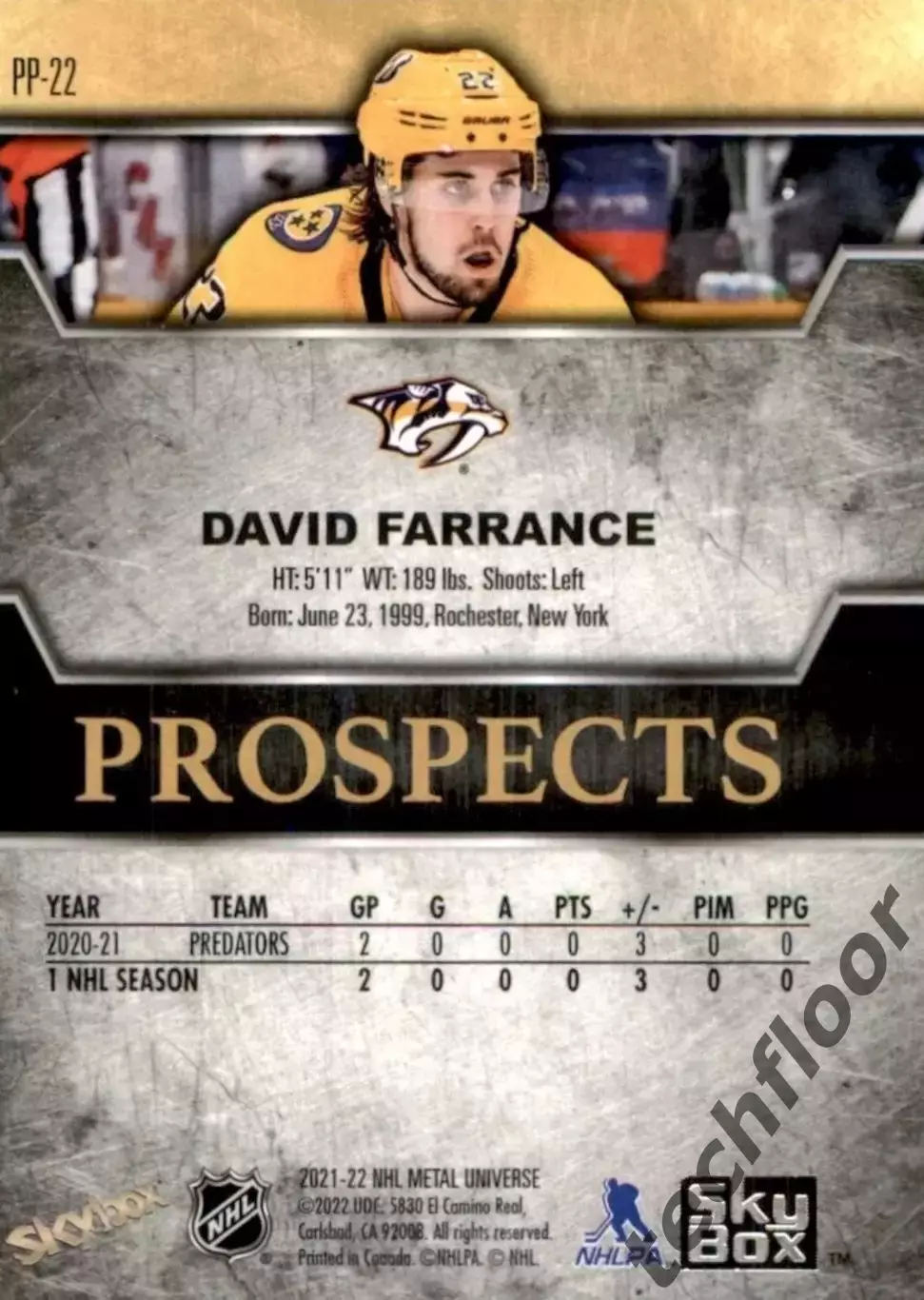 Карточка NHL David Farrance Nashville Predators/Дэвид Фарранс Нэшвилл НХЛ 1