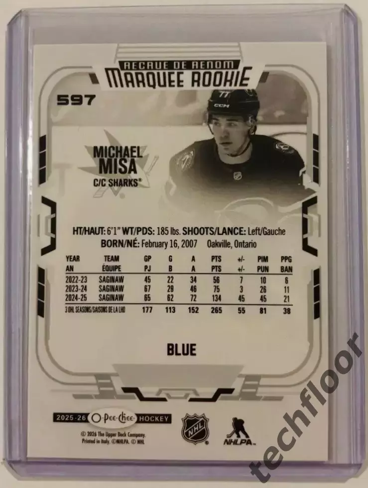 Карточка NHL Michael Misa San Jose Sharks /Майкл Миса Сан-Хосе НХЛ 1