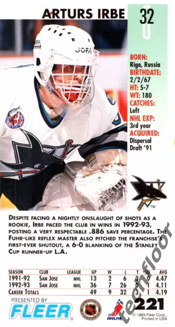 Карточка NHL Arturs Irbe San Jose Sharks/Артур Ирбе Сан-Хосе НХЛ 1