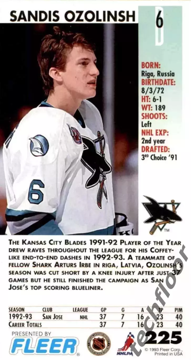 Карточка NHL Sandis Ozolinsh San Jose Sharks/Сандис Озолиньш Сан-Хосе НХЛ 1