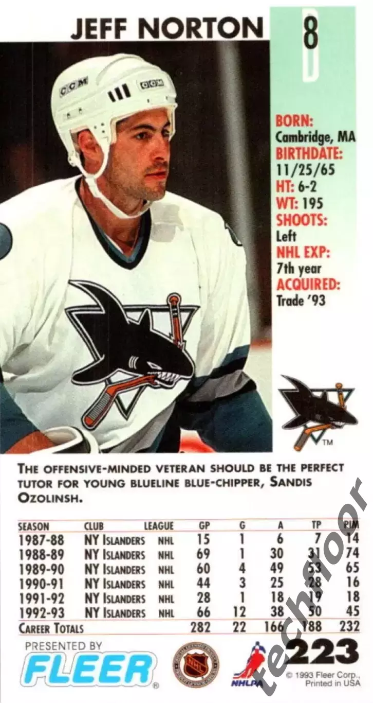 Карточка NHL Jeff Norton San Jose Sharks/Джефф Нортон Сан-Хосе НХЛ 1