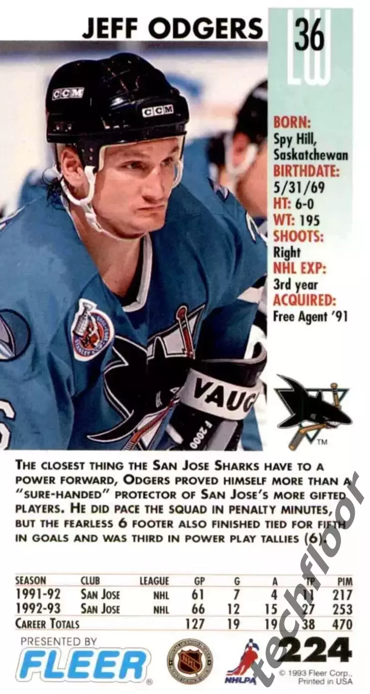 Карточка NHL Jeff Odgers San Jose Sharks/Джефф Оджерс Сан-Хосе НХЛ 1