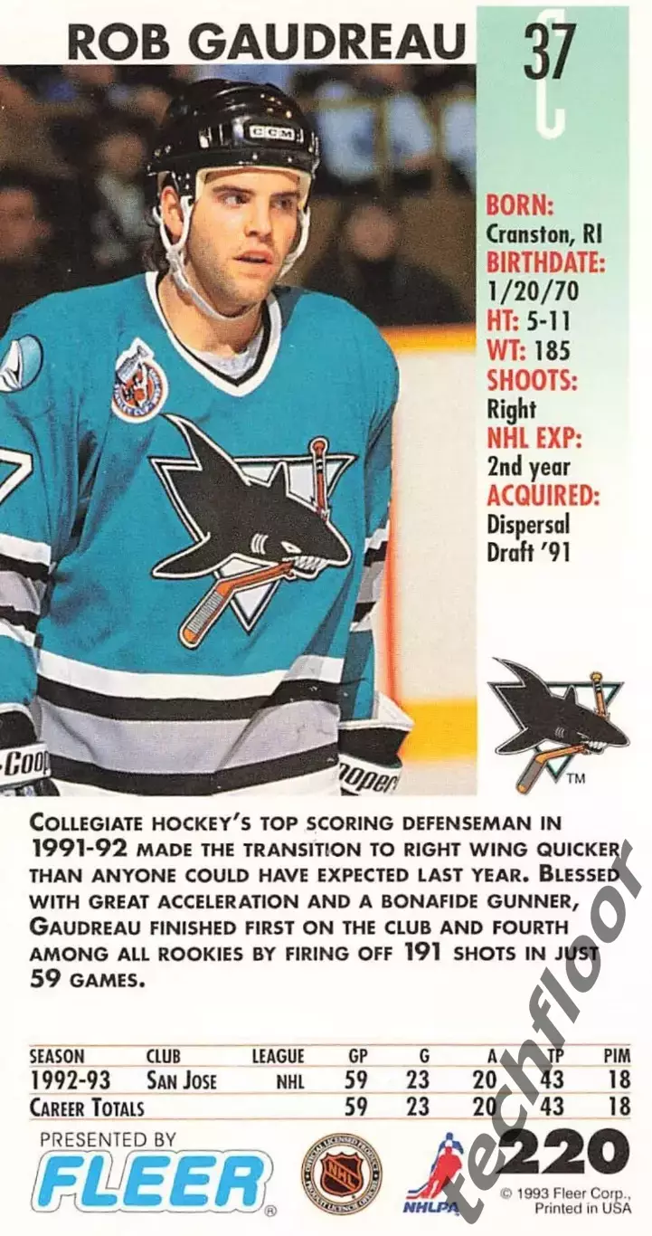 Карточка NHL Rob Gaudreau San Jose Sharks/Роб Годро Сан-Хосе НХЛ 1