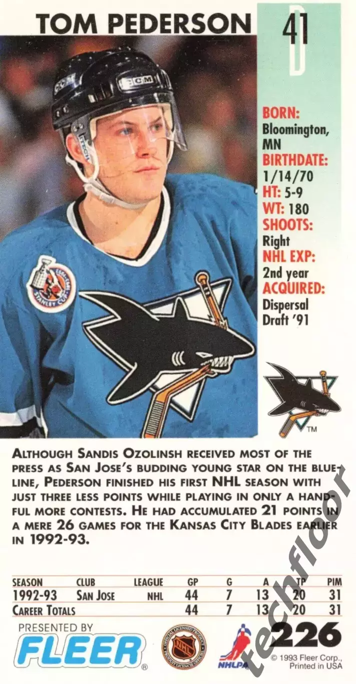 Карточка NHL Tom Pederson San Jose Sharks/Том Педерсон Сан-Хосе НХЛ 1