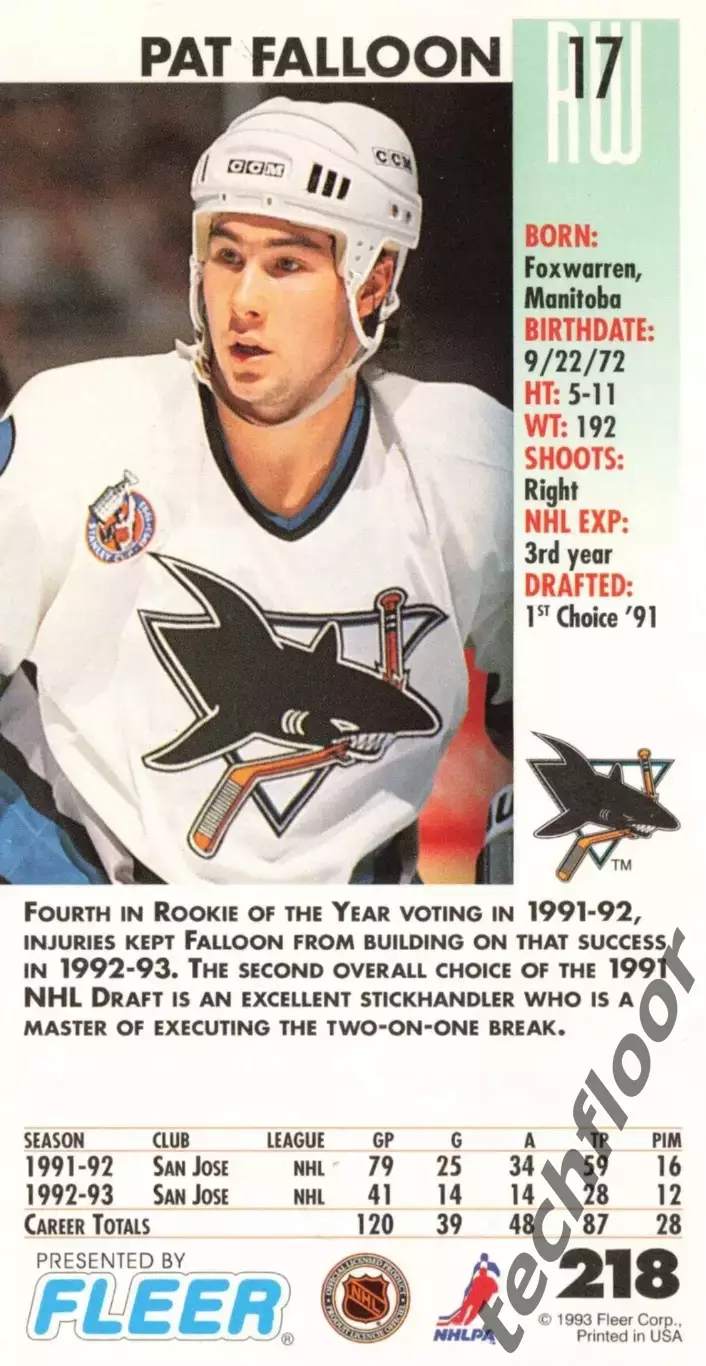 Карточка NHL Pat Falloon San Jose Sharks/Пэт Фэллун Сан-Хосе НХЛ 1